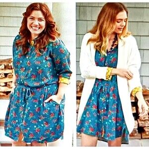 Matilda Jane Fa La La Meadowy Floral Gingham Print Belted Shirt Dress Sz S